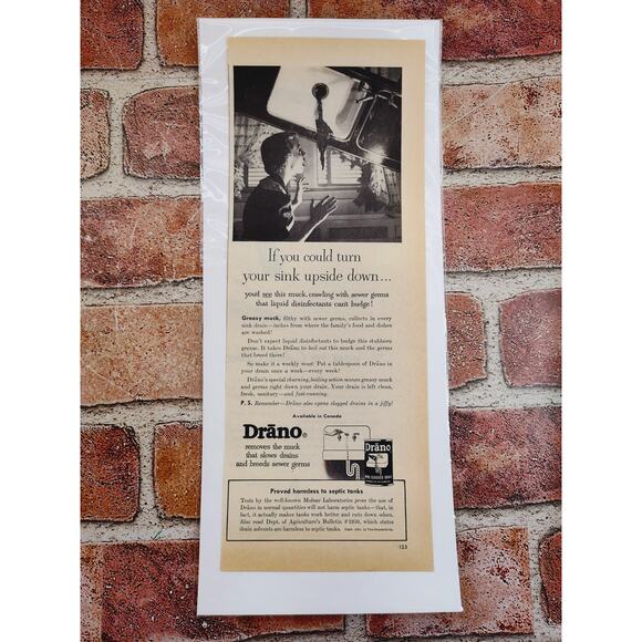 1950 Drano "If You Could Turn Sink Upside Down..." Scared Housewife Vtg Print Ad - Picture 2 of 7